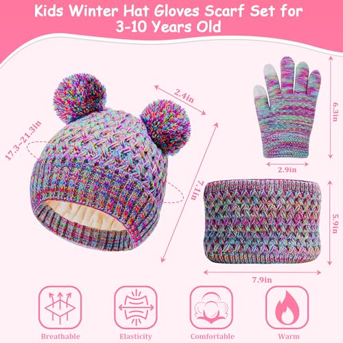 Kids Winter Hat Scarf Gloves Set, Toddler Beanie with Double Pom Pom Fleece Lined, Touch Screen Mitten for Girls Boys2
