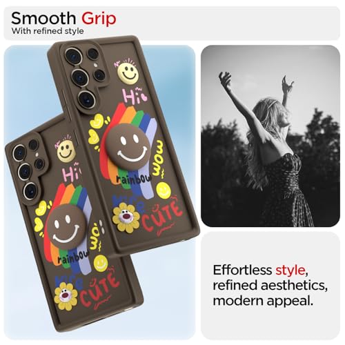 Image of Pikkme Back Cover for Samsung Galaxy S23 Ultra 5G | Soft Silicone| Cute Rainbow Smile & 3D Cartoon Flower Design | Shockproof Raised Camera Protection Bumper Case (Brown)