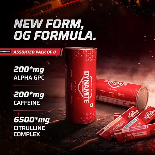 Image of Dynamite Original Pre-workout Sachets (Pack of 8, Assorted Flavours) | Instant Energy Boost & Pump for Workouts | 200mg Caffeine | 6500mg Citrulline Complex | Pre-Workout Supplement for Men & Women - 112g