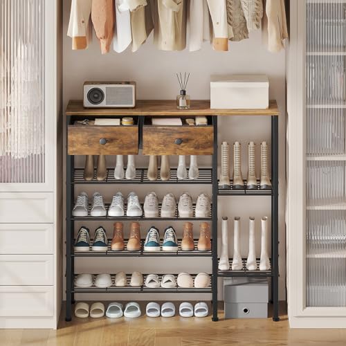 YATINEY 6-Tier Shoe Rack for Entryway, Freestanding Shoe Shelf with 2 Drawers and Tabletop, Metal Shoe Organizer for Closet, Entryway Shoe Storage Holds 26 Pairs, Rustic Brown and Black SS13BR by YATINEY - Used condition - Image 2