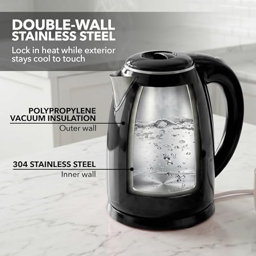 Image of OVENTE 1.7L Double Wall Electric Tea Kettle, 1100W Power, Black KD64B | Water Boiler with Cool-Touch Exterior, Stainless Steel Interior, Auto Shut-Off, Boil-Dry Protection & Locking Lid, Easy Clean