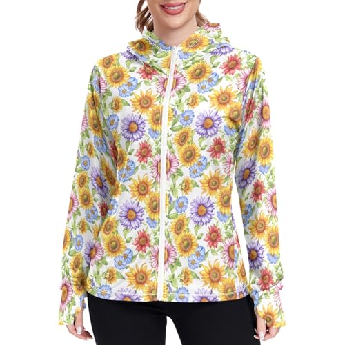 Womens Sun Protection Hoodie Jacket Lightweight Long Sleeve Zip Up Jackets for Women Clothing for Hiking Golf Cycling XXL Sunflowers Colorful
