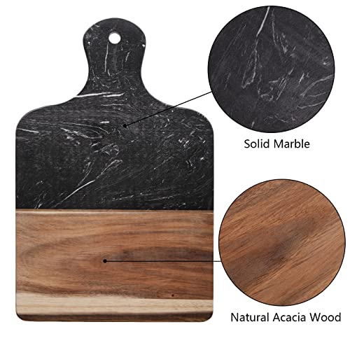 Tabla de cortar rectangular de mármol y madera Acacia negra con mango miniatura 3