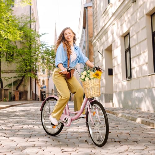 Max4out Beach Cruiser Bike for Adult, Womens Bicycle with Rattan Front Basket, 26 Inch Comfort Bikes with Adjustable Seat and Dual V-Brake (24 Pink)