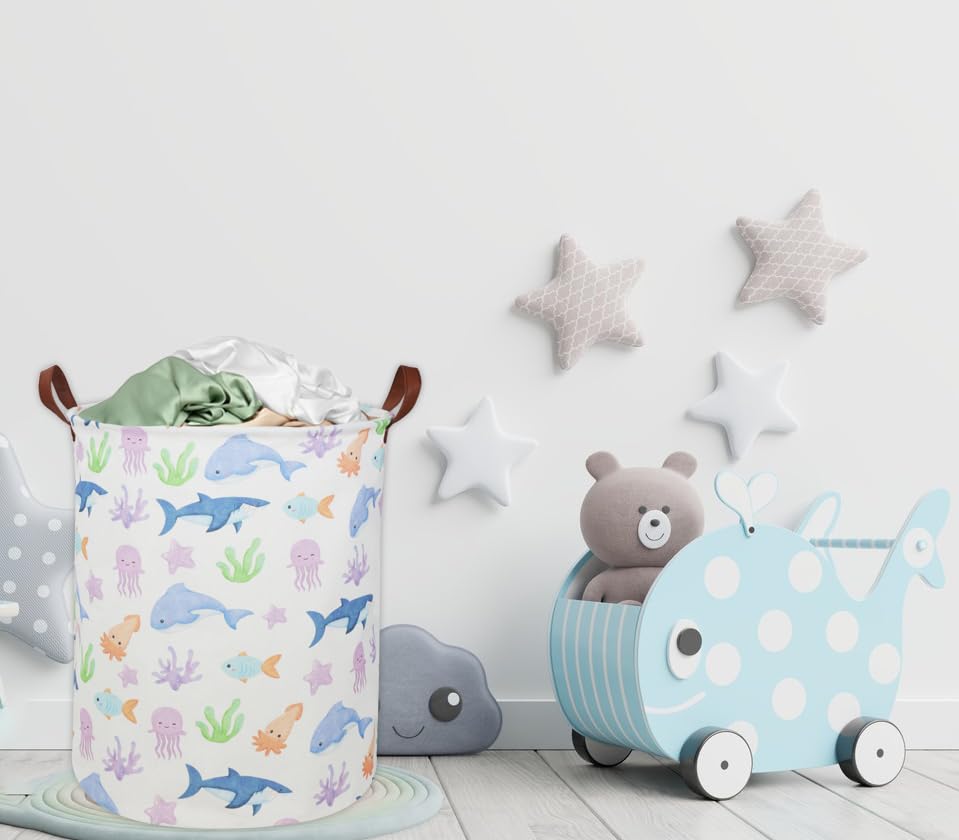Image of ESSME Fish Laundry Hamper, Hamper Collapsible Canvas Waterproof Ocean Storage Bin, Nursery Hamper,Gift Baskets,(Ocean)