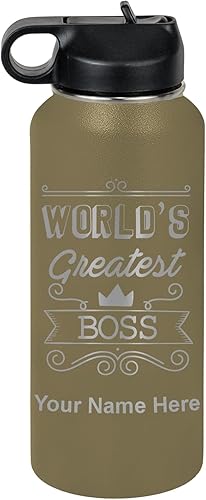 Miniatura 25 de LaserGram Botella de agua personalizada, World's Greatest Boss, acero inoxidable de doble pared aislada al vacío con popote superior, regalo grabado
