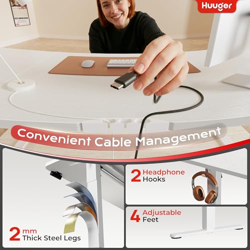Image of Huuger 63 X 24 Inch Electric Standing Desk with Power Outlets and USB-C Port, Height Adjustable Desk, Sit Stand Desk for Home Office, Computer & Gaming Desk with 4 Presets, Stable Steel Frame, White