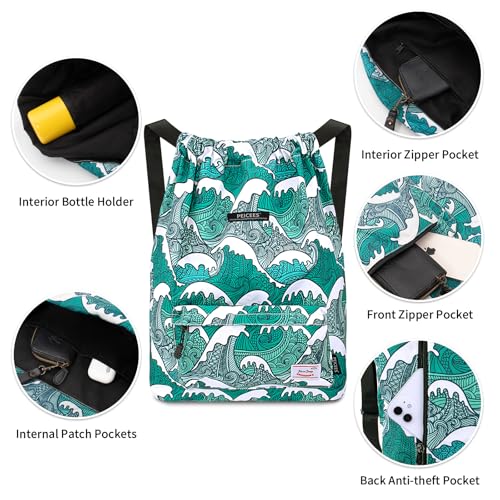 Peicees Pack of 2 Waterproof Drawstring Sport Bags Lightweight Sackpack Backpack for Men and Women, Sea Wave and Gray Leaves2