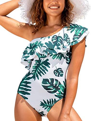 Hilor Women's One Piece Swimwear One Shoulder Swimsuits Double Ruffled Bathing Suits Monokinis White&Green Leaves 12