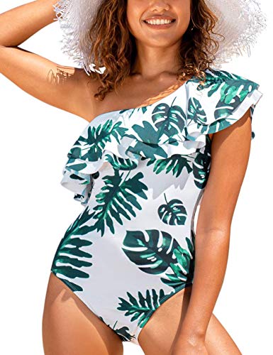 Hilor Women's One Piece Swimwear One Shoulder Swimsuits Double Ruffled Bathing Suits Monokinis White&Green Leaves 12 #TOP3