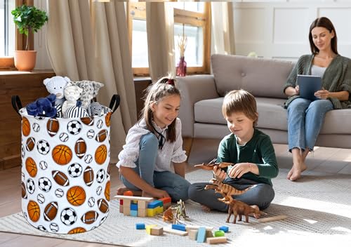 Image of Round Colorful Basketballs Pattern Laundry Hamper Storage Basket Fabric Material Storage Hamper Organization Basket, Storage Bin, Gift Box with Handles for Room