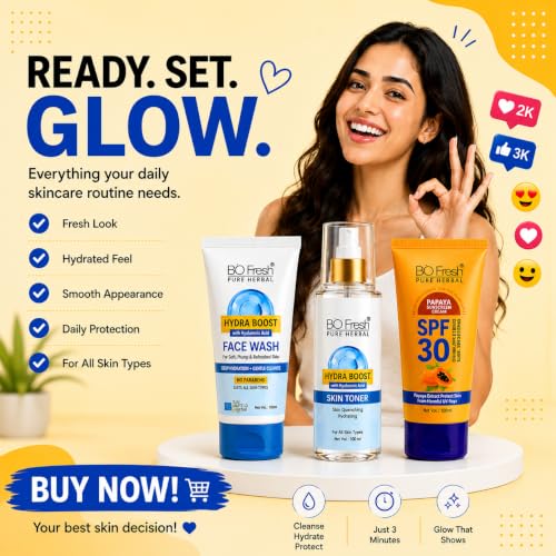 Image of BIOFRESH Korean Glass Skin Care Combo | Hydra Face Wash + Hydra Boost Toner + SPF 30 Sunscreen | Hydrating Face Cleanser, Pore Refresh Toner & Sun Protection | Daily Skincare Routine for Women & Men