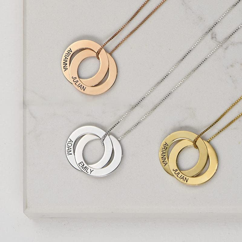 14K Gold Name Necklace for Women, 10K/14K/18K Gold Personalized Engraved 3 Russian Ring Circles Necklace Custom Any Name Pendant Box Chain Necklace for Mother's Day Ladies Daughter Her4