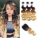 Ombre Brazilian Hair Bundles With Closure Body Wave 8A Grade Human Virgin Hair 3 Bundles With 4×4 Lace Closure Free Part 1b/4/27 3 Tone Blonde Color Hair Extensions Fabc Hair(14 16 18+12 Free Part)
