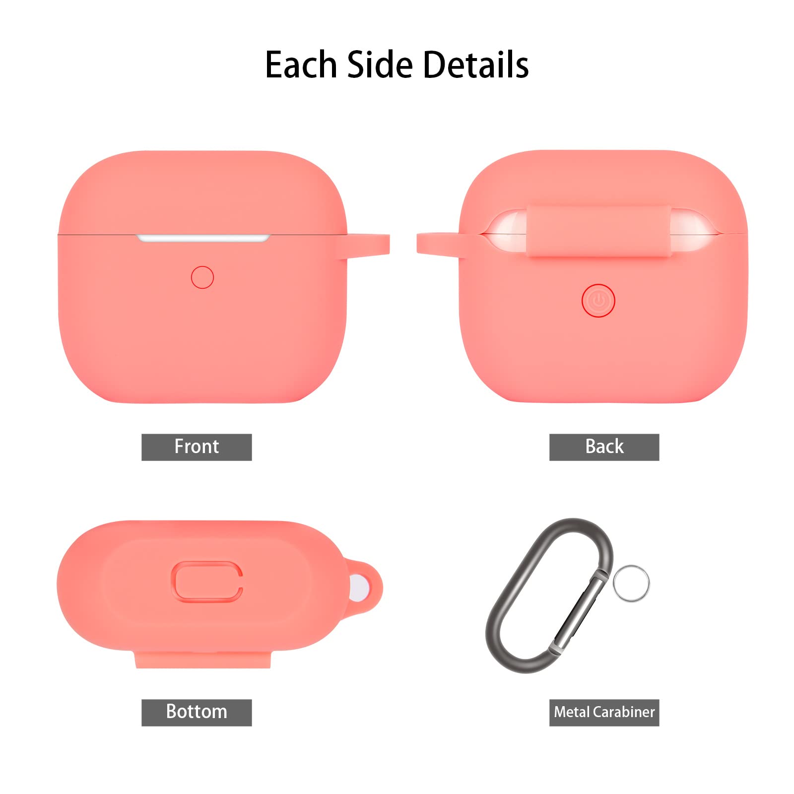 Funda de Silicona Compatible con AirPods 3, Anti-rasguños, Anti-Polvo, LED Frontal Visible, Funda Premium Silicona para AirPods 3.ª Generación (2021) con Mosquetón, Coral Orange - 4