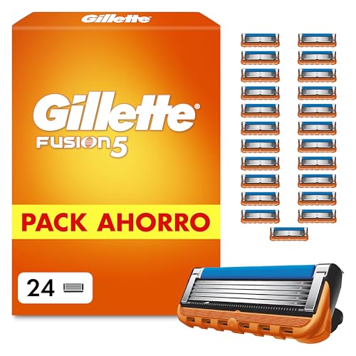 Gillette Fusion5 Recambios para Maquinillas de Afeitar, Pack de 24 Cuchillas de Afeitar con 5 Hojas, Banda de Gel Lubricante Y Recortadora de Precisión