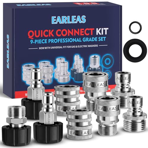 Image of Pressure Washer Quick Connect Kit, 9-Piece Stainless Steel Adapter Set, M22-14mm to 3 /8 inch Quick Disconnect with M22-15mm Adapter, 3 /4 inch Garden Hose Fittings for Gas & Electric Pressure Washers