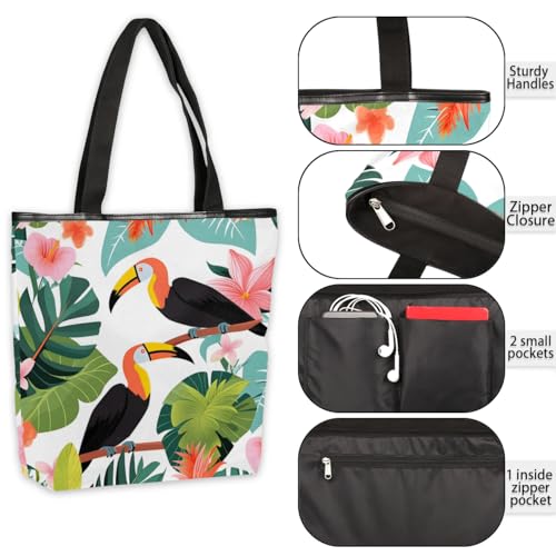 Hand Painted Parrots Leaves Canvas Tote Bag with Zipper and Pockets Canvas Tote Shopping Bag Women Reusable Grocery Bag for Beach Travel Gym Shopping4