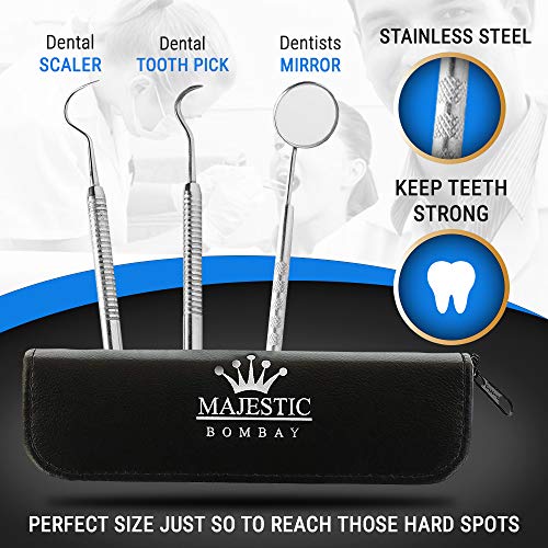 Dental Hygiene Tool Kit - Includes Stainless Steel Tarter Scraper/Scaling Remover, Dental Toothpick, Mouth Mirror - By Majestic Bombay- Dentists Tools Set Is Ideal For Personal Use & Pet Friendly #TOP3