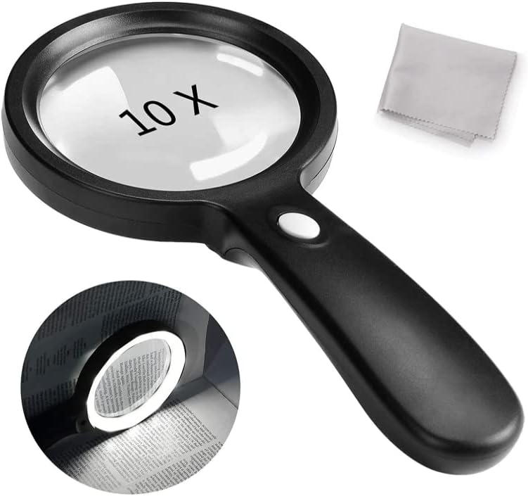 Magnifying Glass with Light, 10X Handheld Magnifying Glass 12 LED Illuminated Lighted Magnifier for Macular Degeneration, Seniors Reading, Soldering, Inspection, Coins, Jewelry, Exploring(Black)