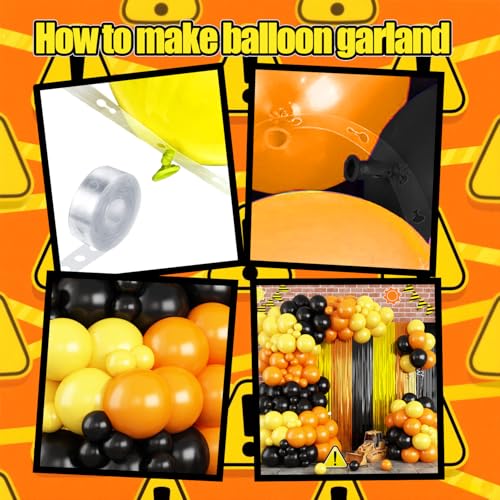 Image of Construction Balloon Garland Arch Kit Birthday Party Decorations Supplies, Yellow Orange Black Foil Fringe Curtains Backdrop Tinsel Streamer Photo Booth Props Truck Car Themed Party Decor