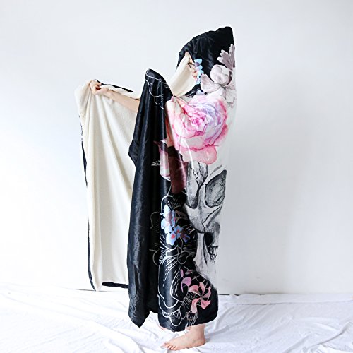 Sleepwish Sugar Skull Plush Wearable Hooded Blanket Skull Flowers Floral Watercolor Fleece Blanket Poppy Rose Sherpa Blanket (Adults 60"X 80") #TOP3