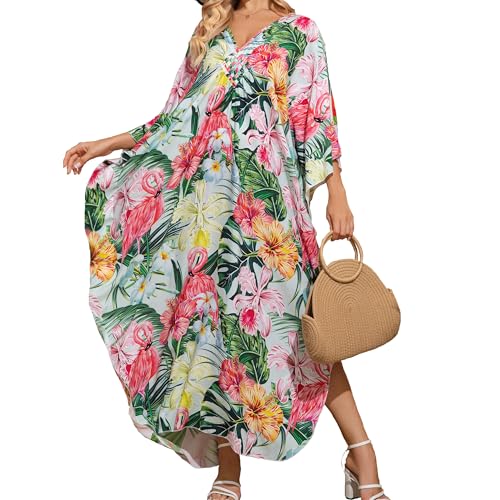 Kaftan Dresses,Colorful Floral Print Cover Ups Maxi Beach Cover Ups Vneck Batwing Sleeve for Women's Swimwear