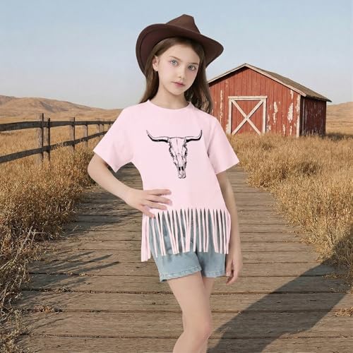 Image of Wrenpies Girls Western Fringe Shirt Long Live Cowgirls Country Rodeo Shirts Kids Cow Skull Graphic Tees Tassel Fringe Tops