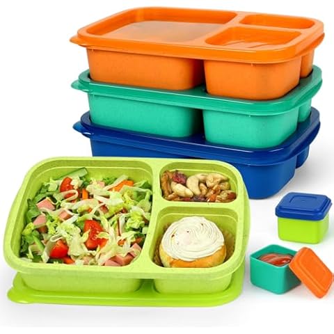 Caperci Bento Lunch Box Containers for Adults & Kids - 3-Compartment Reusable Meal Prep Containers with 2Pc Sauce Containers for School, Work, Travel, Wheat Straw, Set of 4 (Jewel Brights) Cover