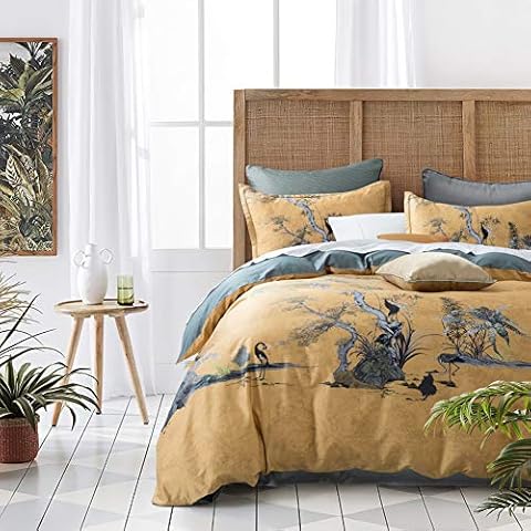 Get Bed Ready Chinoiserie Chic Duvet Cover Set Painted Oriental Garden Print Bedding 400tc Cotton Sateen Beautiful Botanical Nature Antique Asian Drawing (Ocher Shade, Queen) Cover