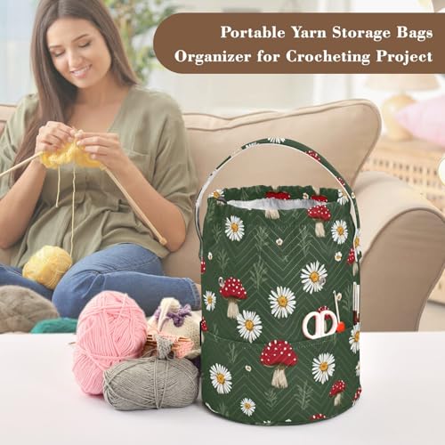 Image of Tatenale Crochet Bag Yarn Bag Knitting Project Bag with Pockets and Handle Portable Yarn Storage Organizer Tangle Free 8.3x11 InchBoho Mushroom Daisy Green08