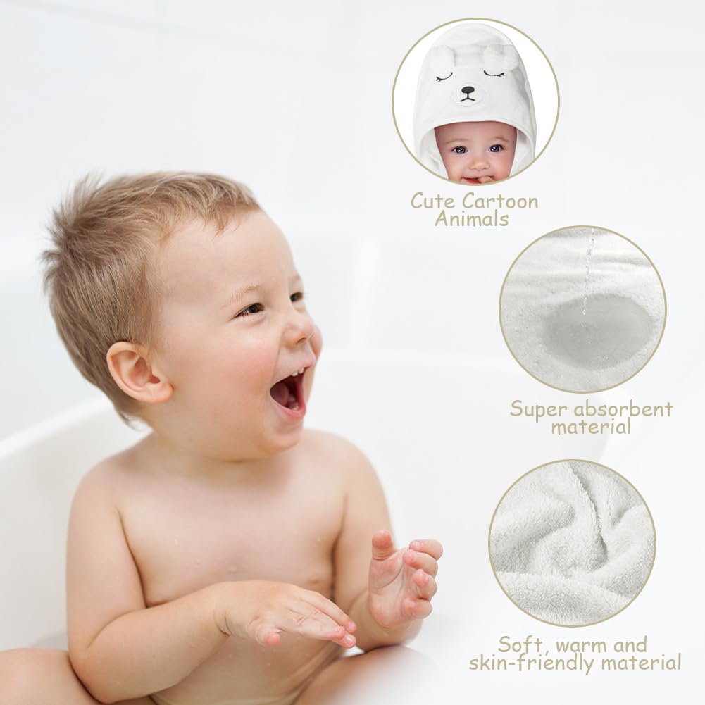 Aolso Accappatoio Neonato, 80x80cm Asciugamani Con Cappuccio Per Bambini, Accappatoio Neonato con Cappuccio Extra Morbido e Super Assorbente per Neonati e Bambini 0-3 Anni-Orso