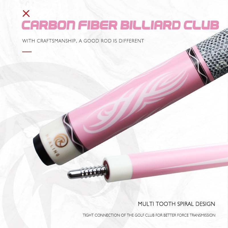 Miniatura 4 de Elegante taco de piscina profesional rosa para mujer, eje de fibra de carbono y agarre de cuero, punta de baja desviación de 0.488 in