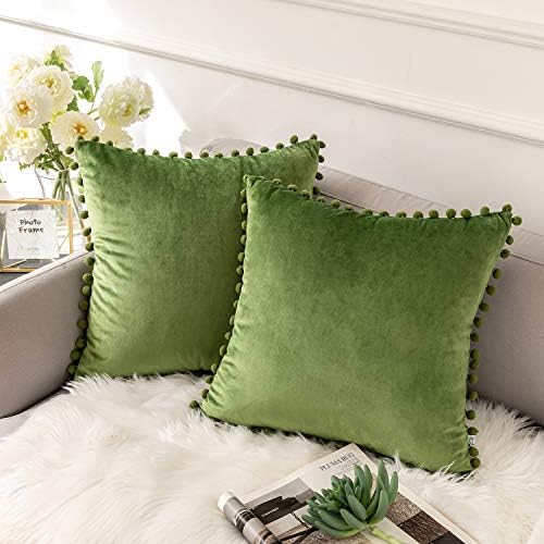 Ashler HOME DECO Throw Pillow Covers with Pom Poms Soft Particles Velvet Solid Cushion Covers 18 X 18 for Couch Bedroom Car, Pack of 2, Green