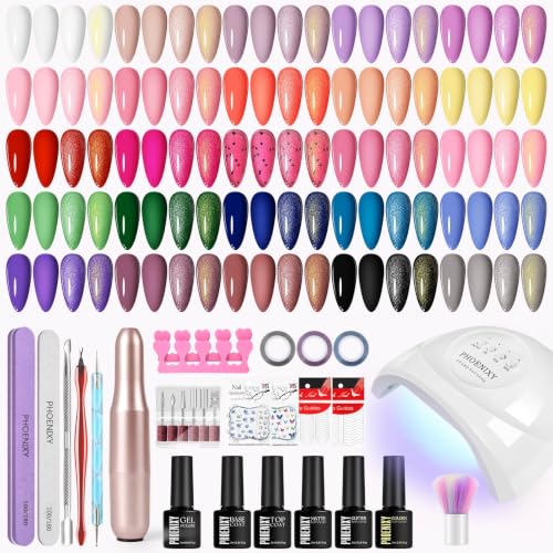 Phoenixy 25 Colores Kit Uñas Semipermanentes con Lima Electrica Uñas 30 PCS Uñas Semipermanentes Kit Completo con 48 W Lampara U V/LED DIY Nail Art Set para Principiantes