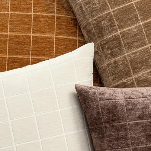 Image of MIULEE Bronze Plaid Decorative Fall Throw Pillow Covers 18x18 Set of 2 | Vintage Check Chenille Couch Pillows Boho Farmhouse Cushion Covers Modern Fall Home Decor for Sofa Bed Living Room