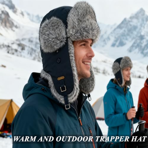 Image of Winter Trapper Hat for Men Women Warm Soft Russian Ushanka Hat Real Rabbit Fur Aviator Bomber Hats Winter Hats with Ear Flaps