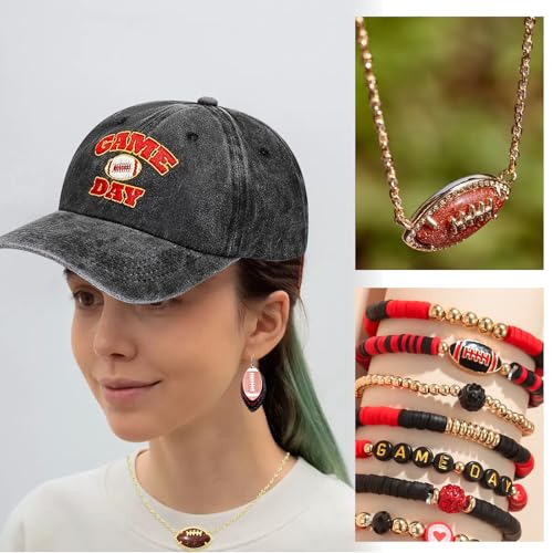11PCS Football Game Day Accessories for Women Set, Embroidered Football Hat Football Necklace Beaded Stretch Bracelets and Earrings for Women,Football Mom Jewelry Gifts Accessories4