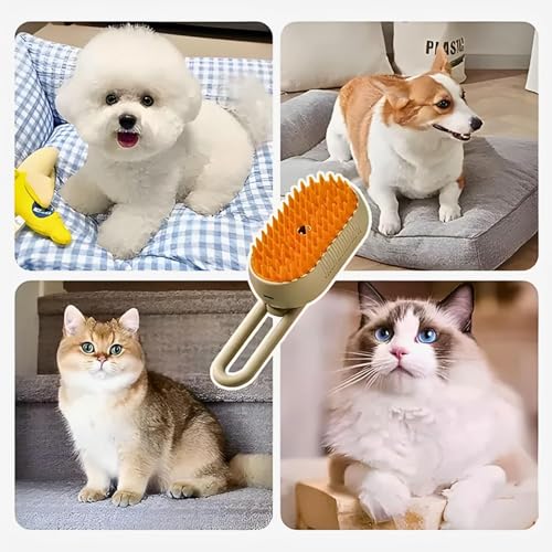 Escova Com Vapor Para Cães e Gatos 3 Em 1 (Bege com Laranja)