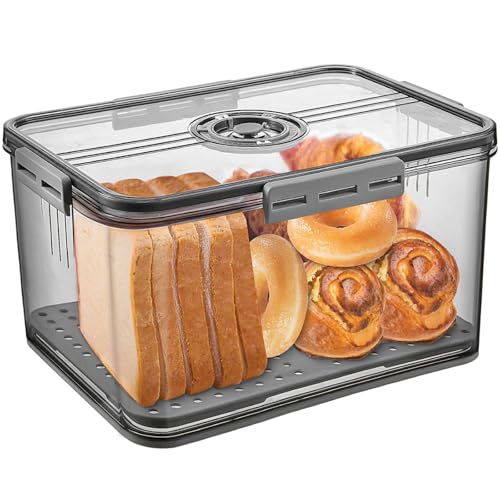 Gifhomfix Bread Box Bread Boxes for Kitchen Counter Airtight, Time Recording Bread Storage Container with Lid, Bread Keeper for Homemade Bread, Toast, Bagel, Donut and Cookies, LARGE Dark Grey