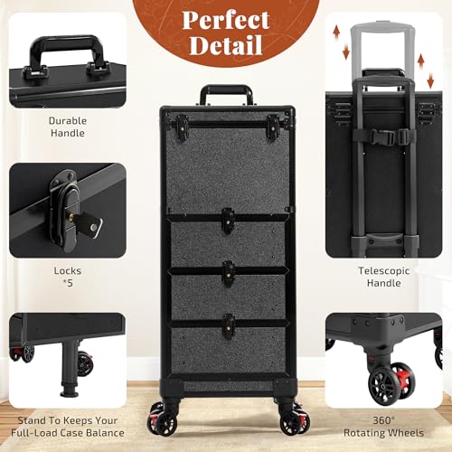 Image of Rolling Makeup Train Case with Drawers Cosmetology Case on Wheels | 4 in 1 Large Cosmetic Organizer for Hairstylist,Makeup Artist Nail Trolley Cart Salon Storage Traveling Cart Trunk