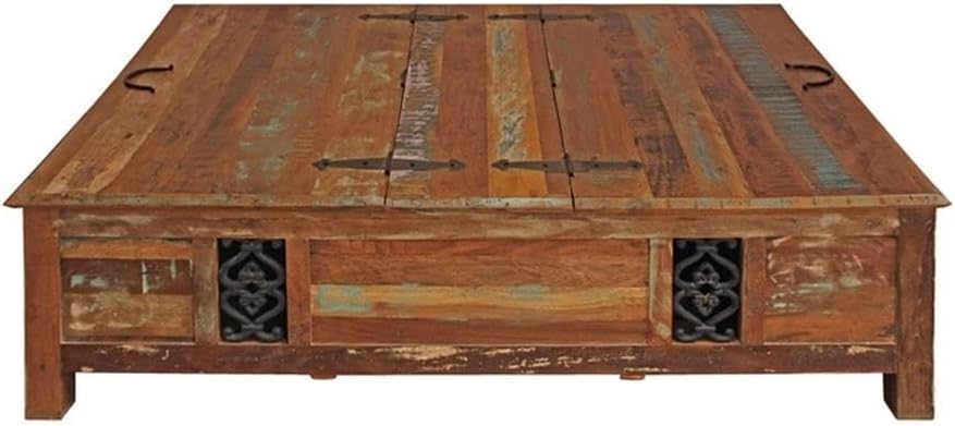 Pemberly Row 60" Reclaimed Solid Wood Box Coffee Table, Multi-Color Finish, Farmhouse Style with Decorative Metal Accents, Lift-Top Storage, Rustic Living Room Table