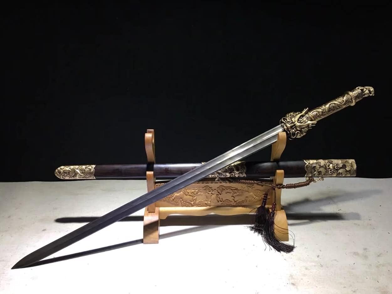 Chinese Swords,Dragon King Sword Real,Forged Damascus Steel Blades,Brass Fittings,Ebony Scabbard, black