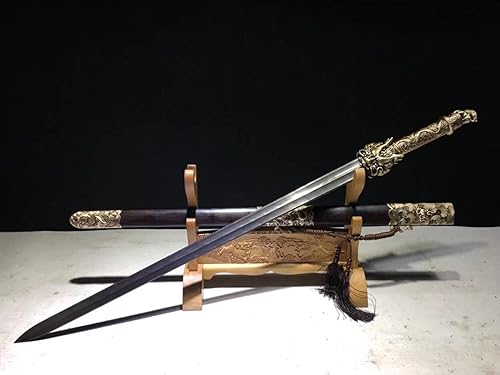 Espadas chinas, Espada Rey Dragón Real, Hojas de acero de Damasco forjado, accesorios de latón, vaina de ébano, negro