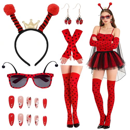 Marienkäfer Haarreif Damen, 6 Stück Karneval Marienkäfer Kostüm Damen Accessoires mit Lady Bug Kopfschmuck,Brille, Ohrringe,Handschuhe,Strümpfe Ladybug Kostüm Zubehör Karneval Fasching Party Cosplay