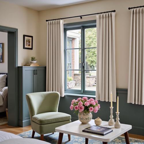 Image of Oatmeal Velvet Curtains Cream Rod Pocket 52x72 Inch 2 Panels | Soft Velvet, Room Darkening, For Small Windows, Kitchens & Bathrooms, Light Shifting Texture, Elegant Drape, Warm