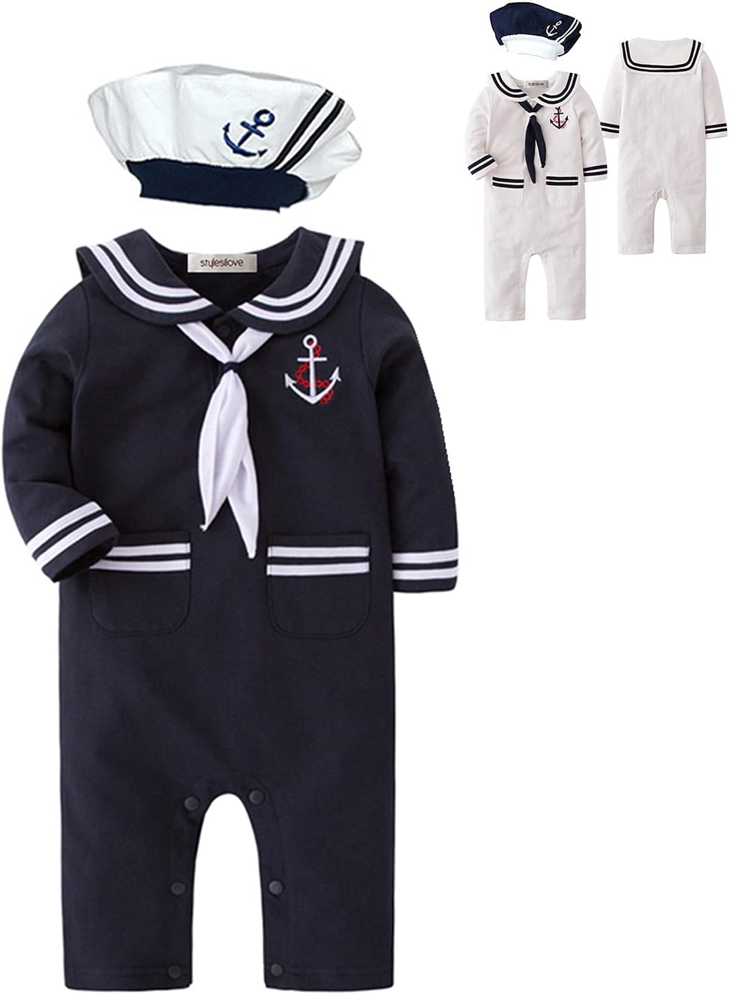 stylesilove Baby Toddler Boys Marine Sailor Cotton Romper with Hat and Necktie 3pcs Festival Jumpsuit