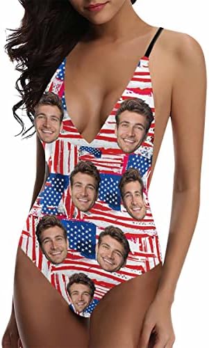 Custom Face Swimsuits with Husband Photo Personalized Bathing Suit with American Flag for Women Funny Gifts for Her