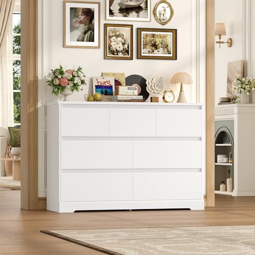 FACBOTALL Dresser for Bedroom, Modern White Dresser, Wood Chest of Drawers Nursery Dressers, with Storage, 7 Drawer Double with Handle Free, Large Storage Organizer for Living Room,White