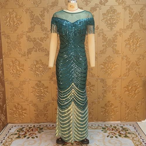 Image of Cololura Sexy Sequin Tassel Mesh Perspective Party Cocktail Bodycon Evening Club Maxi Dress